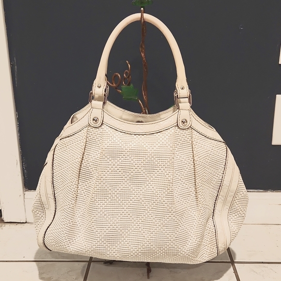 π GUCCI LUXURY MEDIUM STRAW LEATHER MONOGRAM HOBO HAND BAG π― AUTHENTIC - Picture 7 of 15